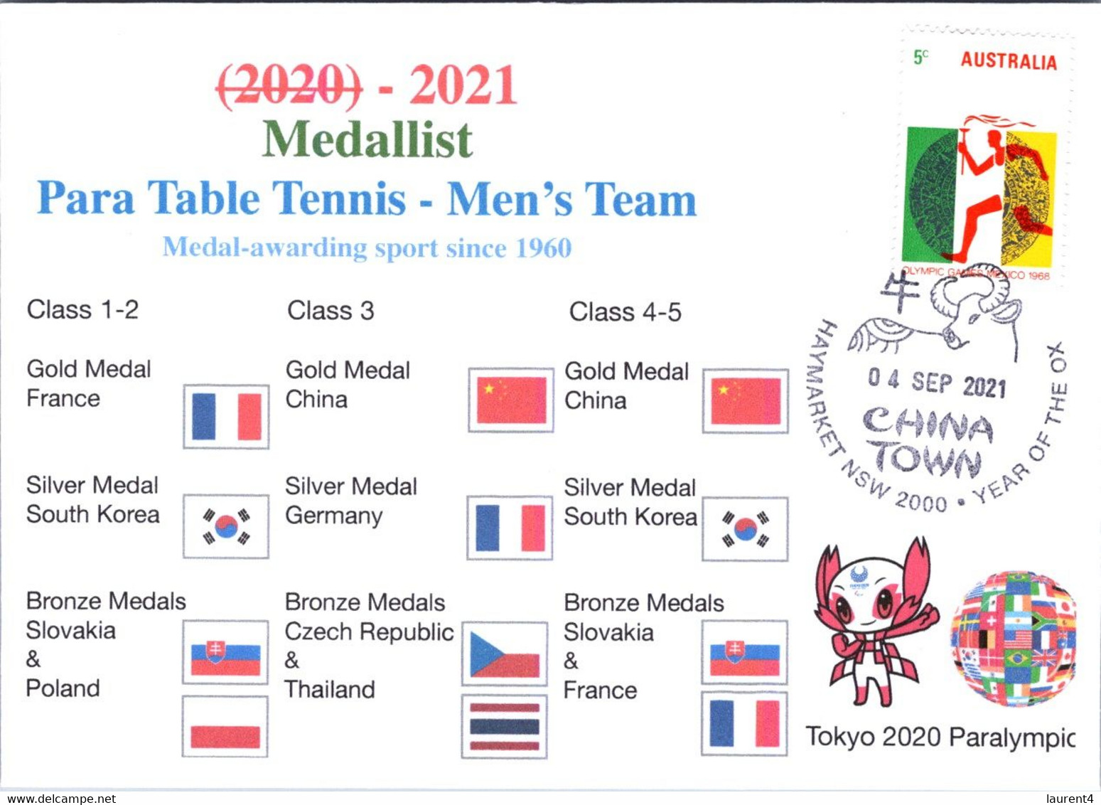 (2 A 9) 2020 Tokyo Paralympic - Medal Cover Postmarked Haymarket - Men's Team Para Table Tennis - Summer 2020: Tokyo