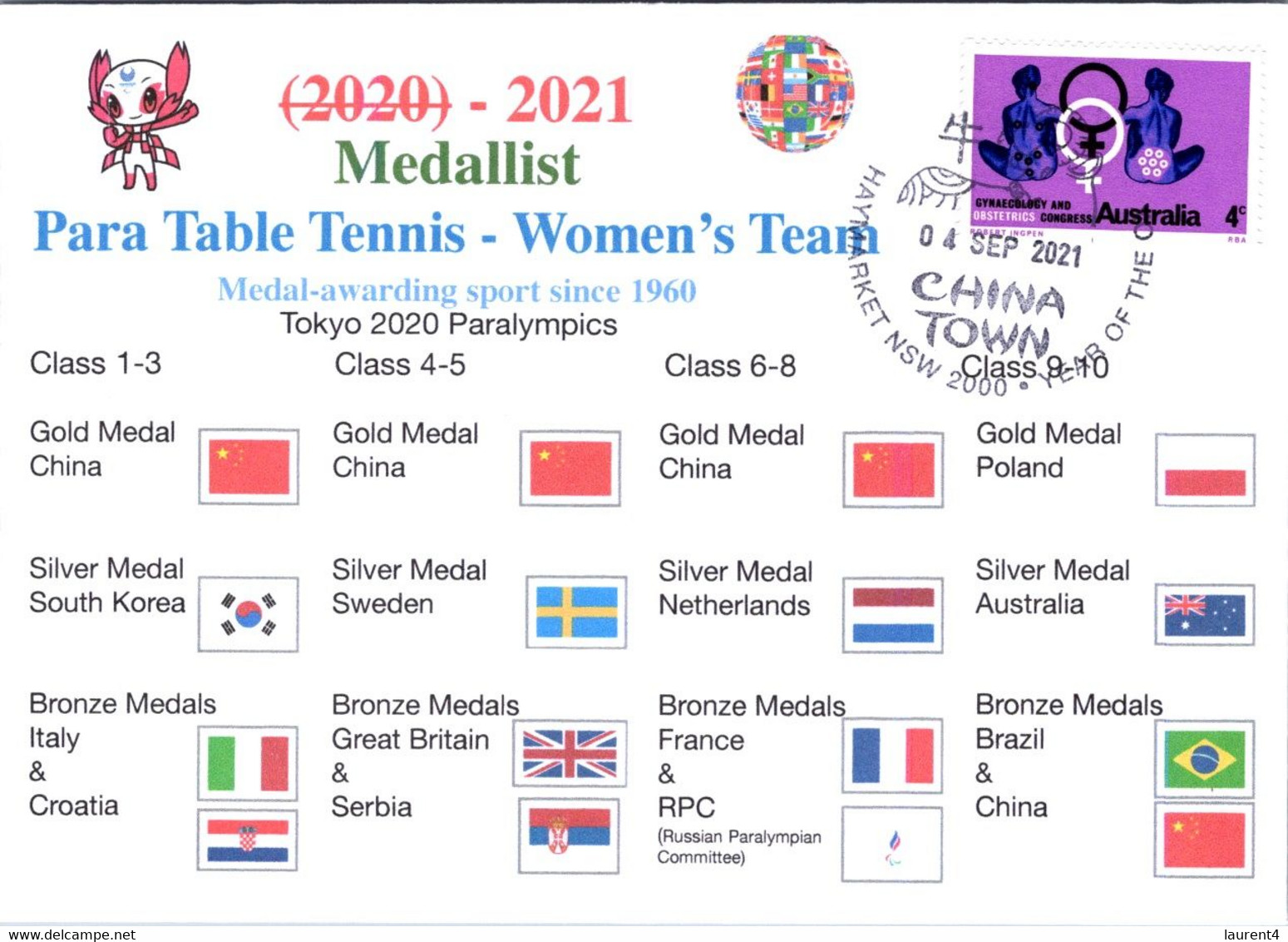 (2 A 9) 2020 Tokyo Paralympic - Medal Cover Postmarked Haymarket - Women's Team Para Table Tennis - Summer 2020: Tokyo