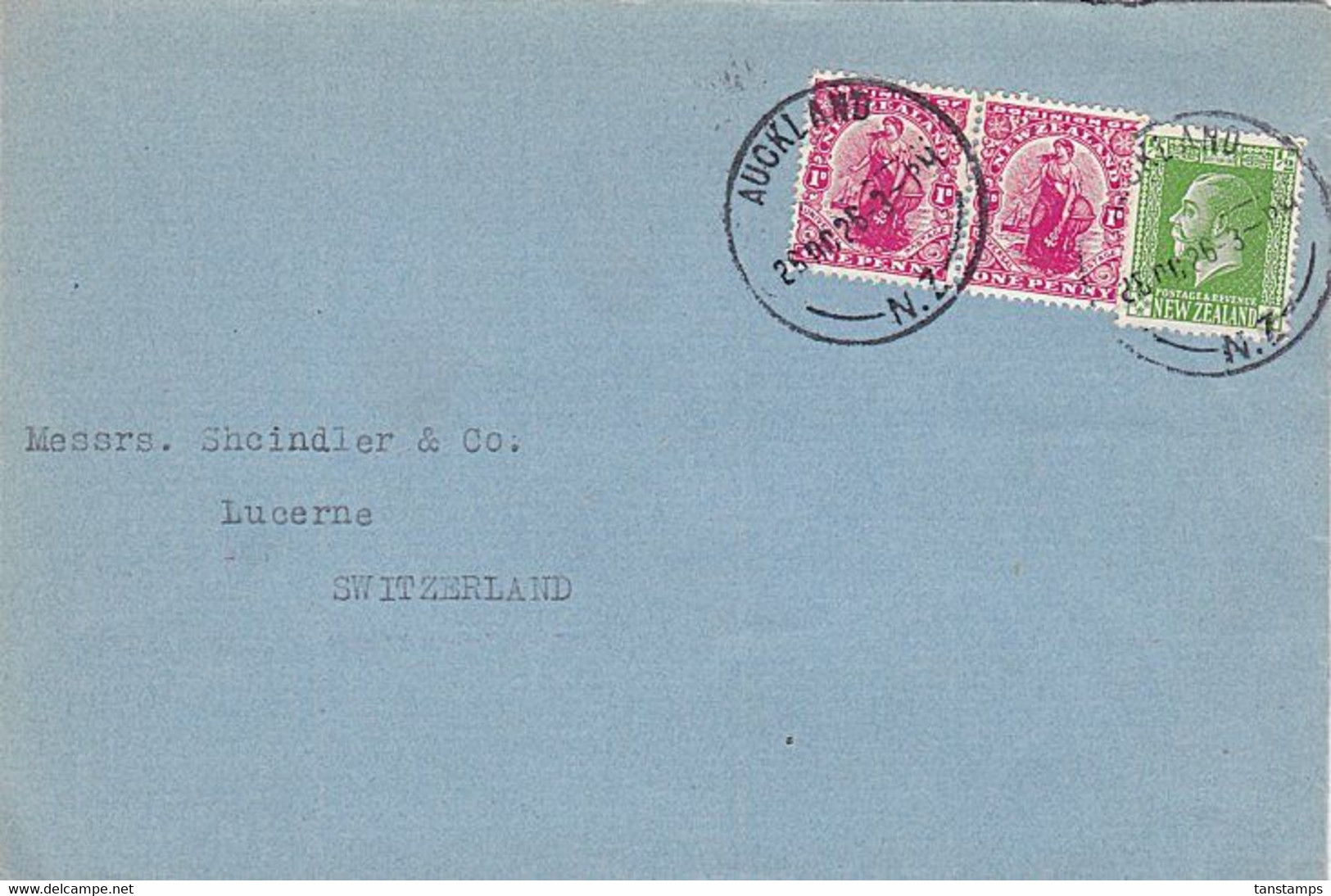 NZ - SWITZERLAND 1926 DOMINION & KGV COMMERCIAL COVER 2.1/2d RATE AUCKLAND CDS - Storia Postale