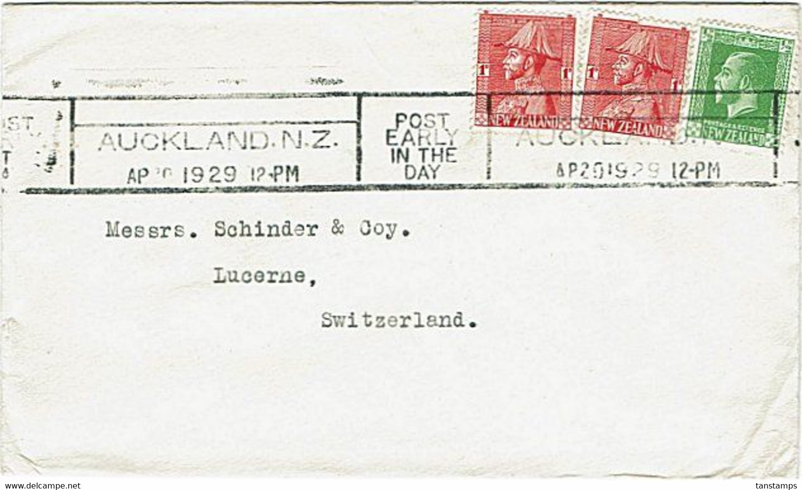 NZ - SWITZERLAND 1929 KGV COMMERCIAL COVER 2.1/2d RATE AUCKLAND POST SLOGAN - Covers & Documents