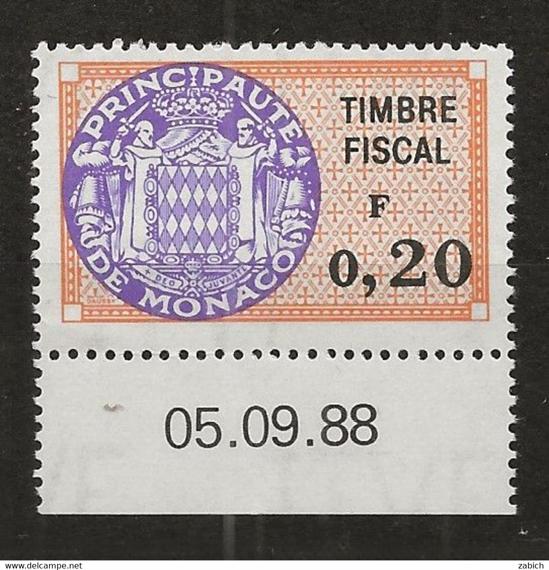 TIMBRES FISCAUX DE MONACO SERIE UNIFIEE N°87  20c Orange  Coin Daté Du 5 9 88 Neuf Gomme Mnh (**) - Steuermarken