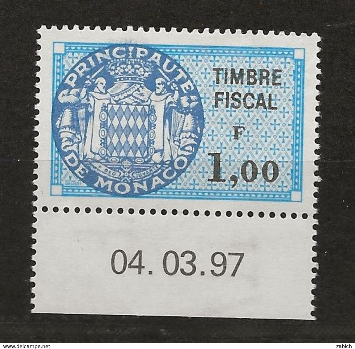 TIMBRES FISCAUX DE MONACO SERIE UNIFIEE N°89 1 F Bleu Coin Daté Du 4 3 97 Neuf Gomme Mnh (**) - Fiscale Zegels