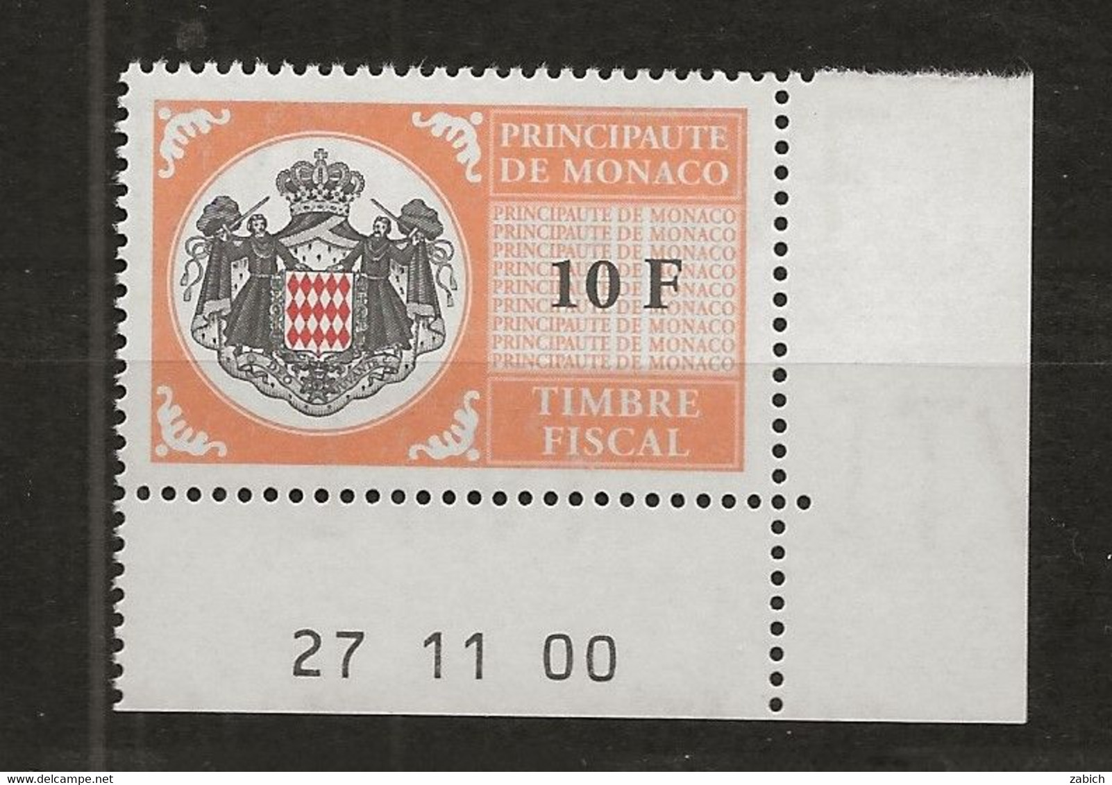 TIMBRES FISCAUX DE MONACO SERIE UNIFIEE N°102 10F Orange  Coin Daté Du 27 11 00 Neuf Gomme Mnh (**) - Revenue