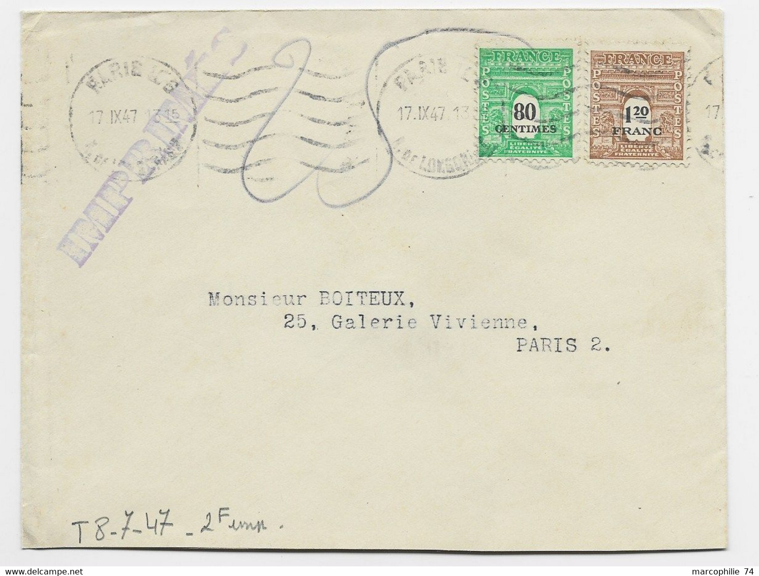 ARC TRIOMPHE 80C+1FR20 LETTRE PARIS 17.IX .1947 TARIF IMPRIME - 1944-45 Triomfboog