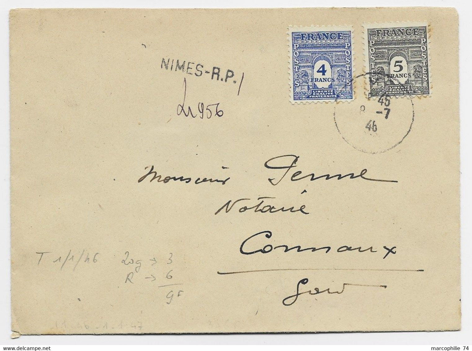 ARC TRIOMPHE 4FR+5FR LETTRE REC PROVISOIRE NIMES RP 8.7.1946 AU TARIF - 1944-45 Arc De Triomphe