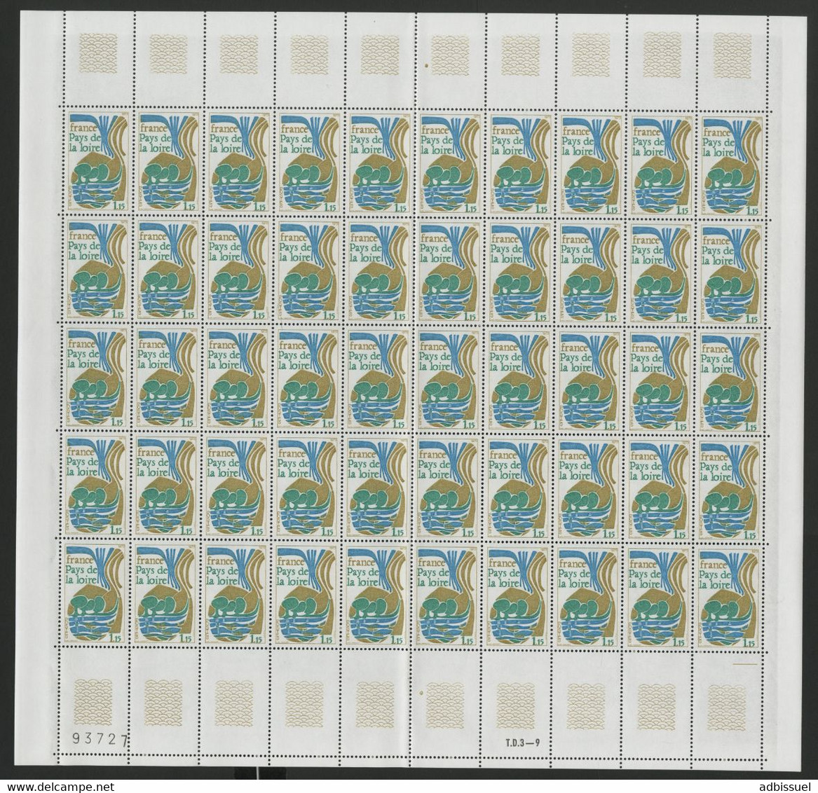 N° 1849 PAYS DE LA LOIRE. Feuille De 50 Ex. Vendue à La Valeur Faciale. ** MNH Cote 40 € - Full Sheets