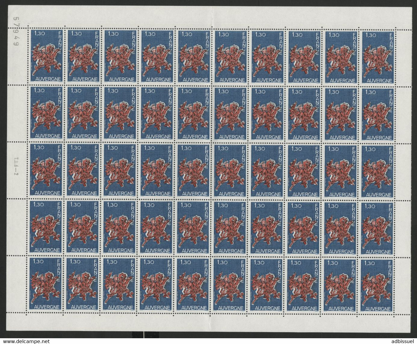 N° 1850 AUVERGNE. Feuille De 50 Ex. Vendue à La Valeur Faciale. ** MNH Cote 40 € - Full Sheets