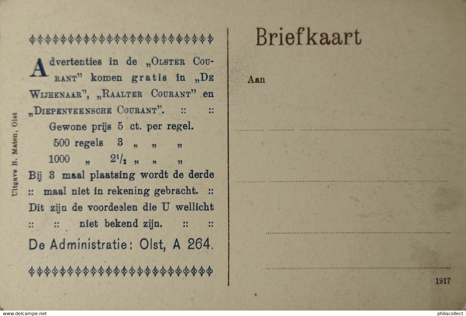 Olst (Ov.) Olster Courant (Reklamekaart) 19?? Zeldzaam - Autres & Non Classés