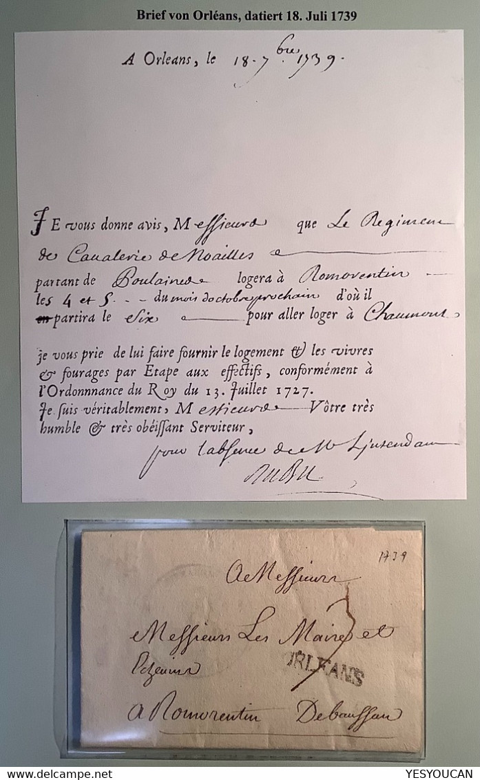 1739 ORLEANS Lettre>Romorentin: Réquisition Militaire Regimement Cavalerie De Noailles(France Loiret 43 - 1701-1800: Precursors XVIII