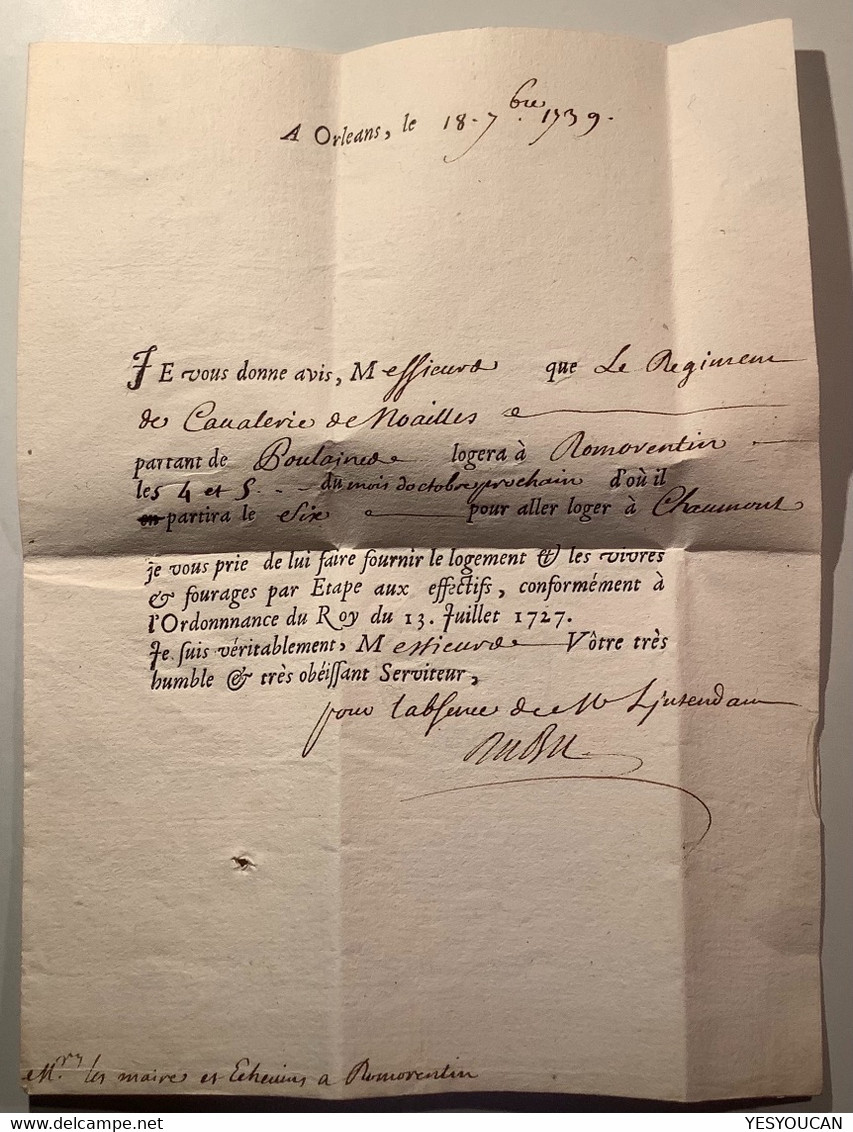 1739 ORLEANS Lettre>Romorentin: Réquisition Militaire Regimement Cavalerie De Noailles(France Loiret 43 - 1701-1800: Précurseurs XVIII