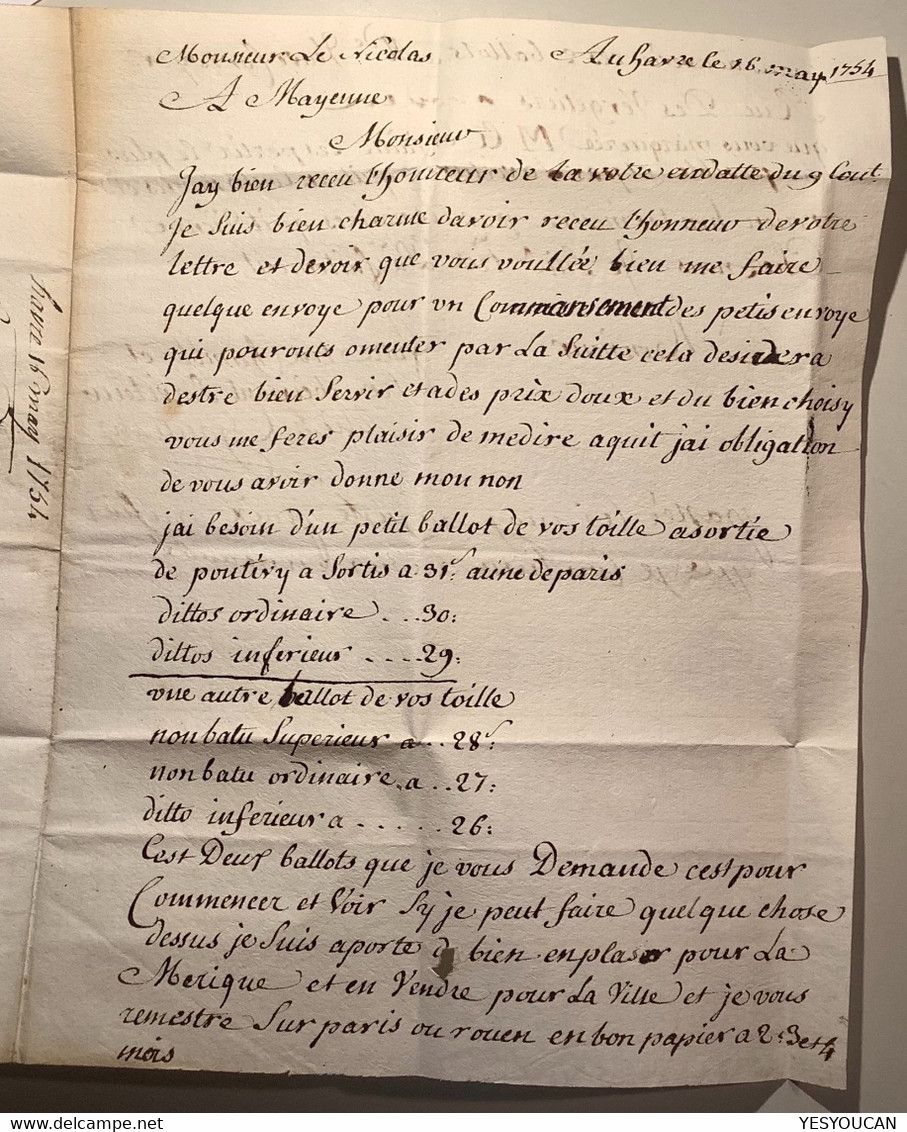 1754 Le HAVRE Lenain 2A Ind 15 Lettre>Mayenne(France 74 Seine Inférieure Marque Postale - 1701-1800: Précurseurs XVIII