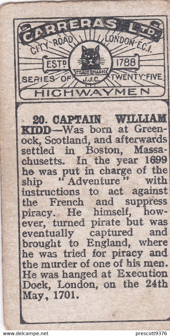 20 Captain William Kidd - Highwaymen 1924 -  Carreras Cigarette Card - Original -Antique - Phillips / BDV