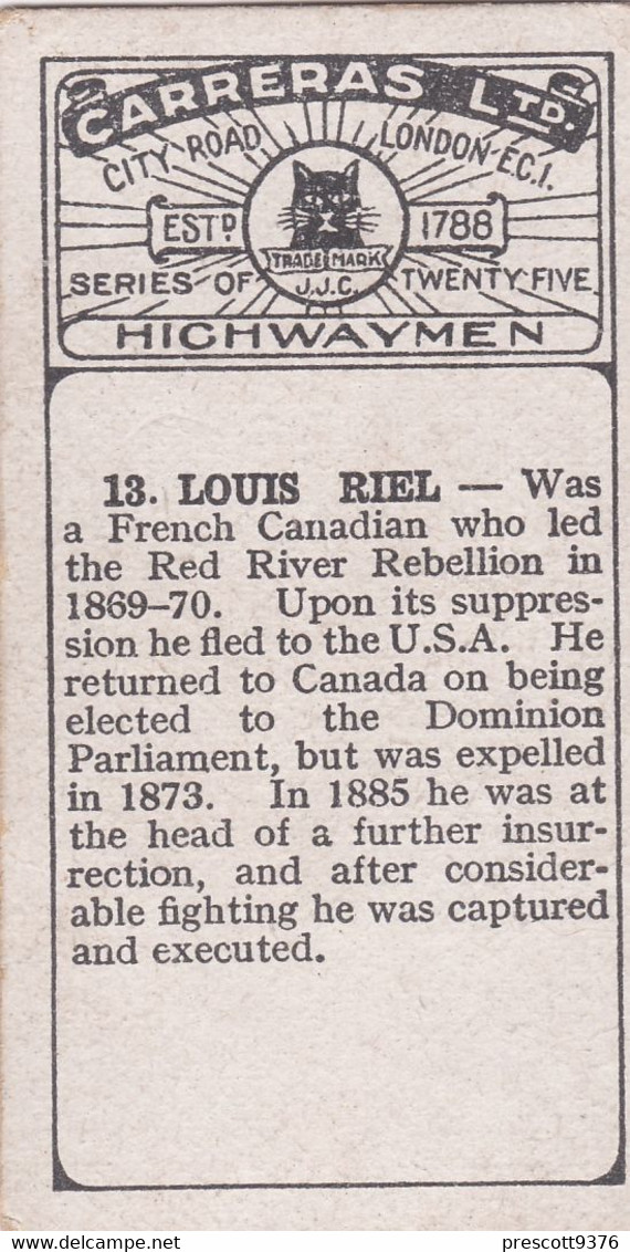 13 Louis Riel  - Highwaymen 1924 -  Carreras Cigarette Card - Original -Antique - Phillips / BDV