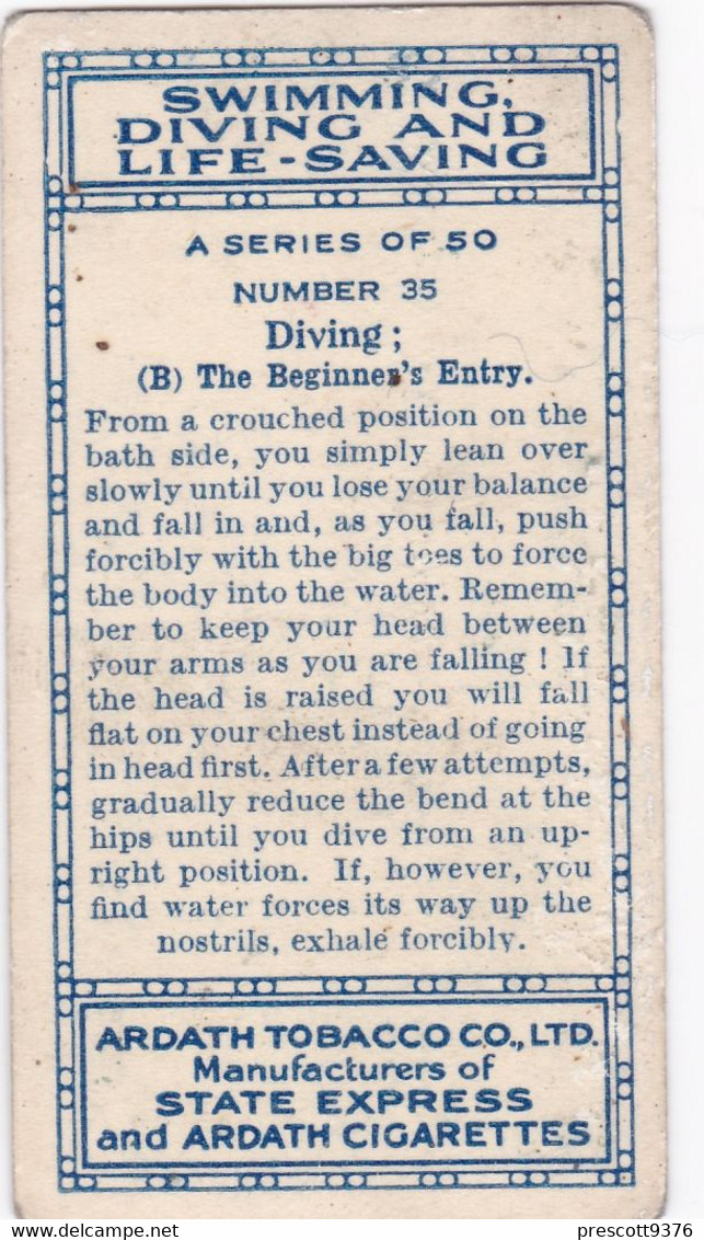 Swimming Diving & Life Saving - No35  -  1937 - Ardath Cigarette Card - Original - Sport - Phillips / BDV