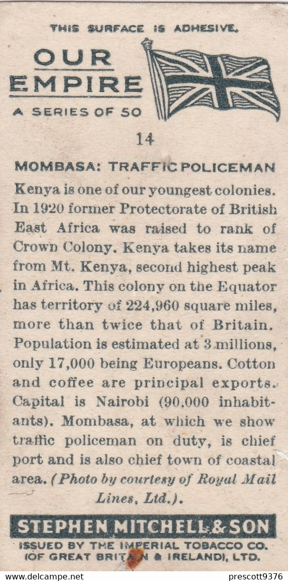Mombasa Traffic Policeman 1937 - Mitchell  Cigarette Card - Original - Military - Travel - Africa - Kenya - Phillips / BDV