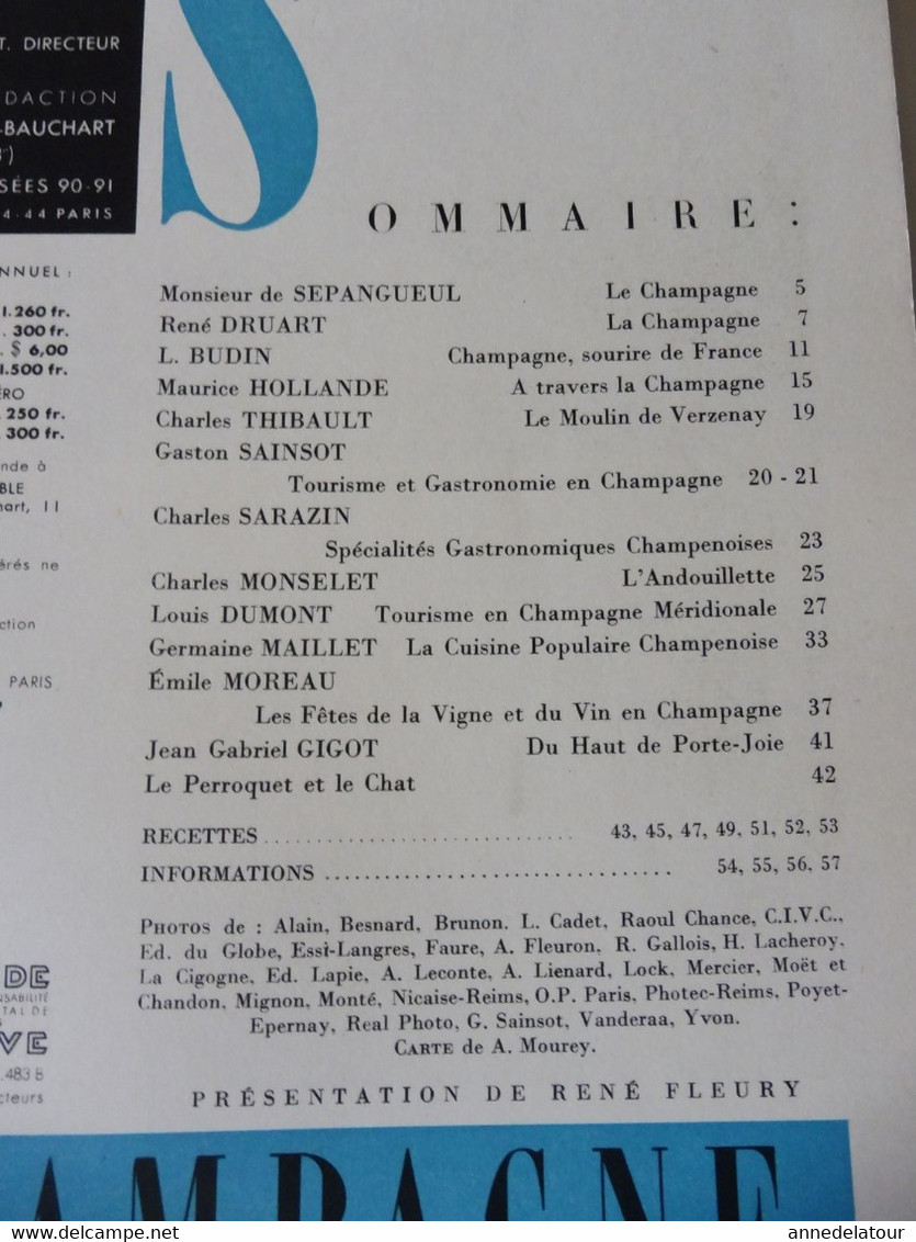 CHAMPAGNE 1951 LA FRANCE À TABLE:Fêtes De La Vigne Et Du Vin;Gastronomie; Reims, Les Riceys, Troyes, Provins, Etuf, Etc - Turismo E Regioni