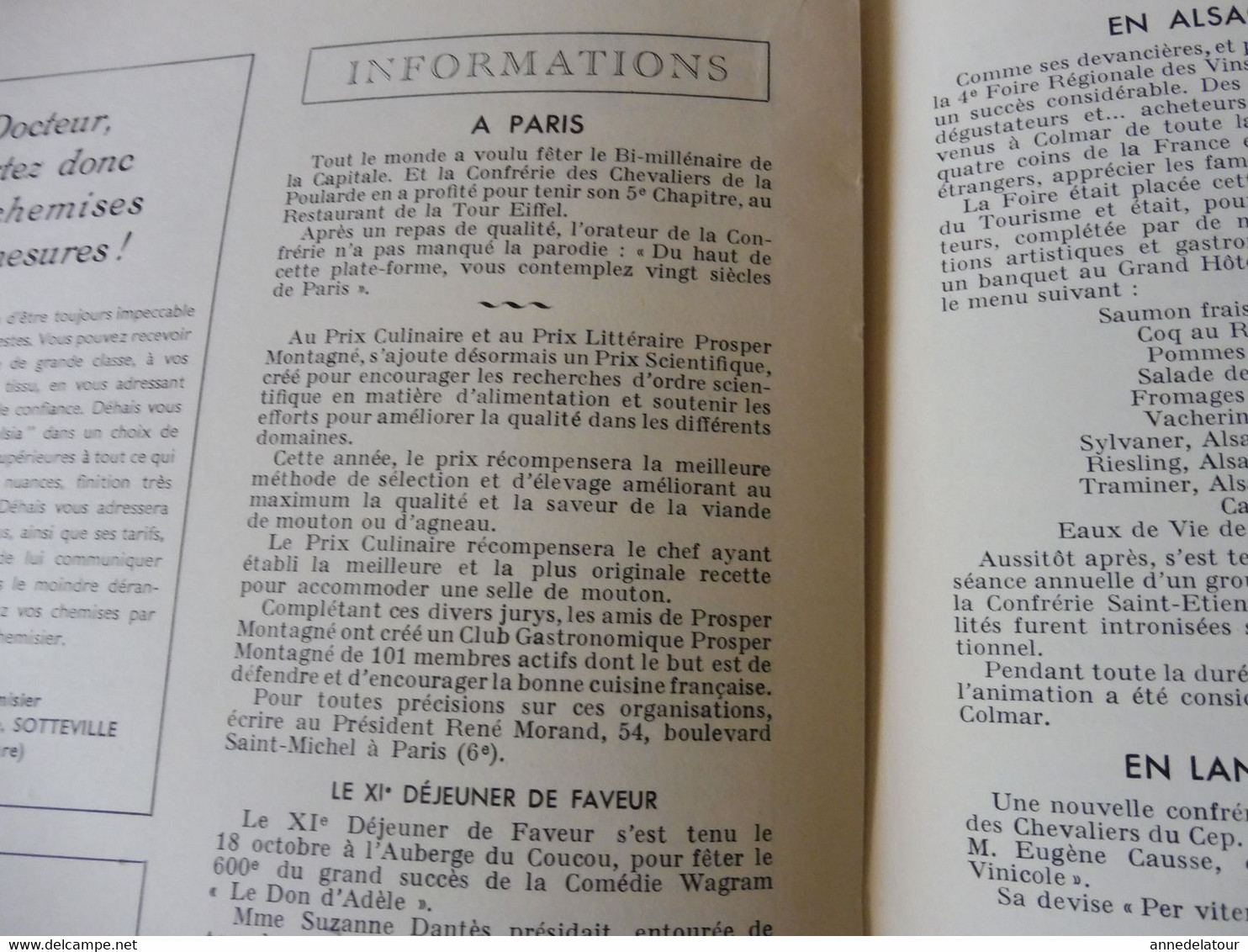 CHAMPAGNE 1951 LA FRANCE À TABLE:Fêtes de la vigne et du vin;Gastronomie; Reims, Les Riceys, Troyes, Provins, Etuf, Etc