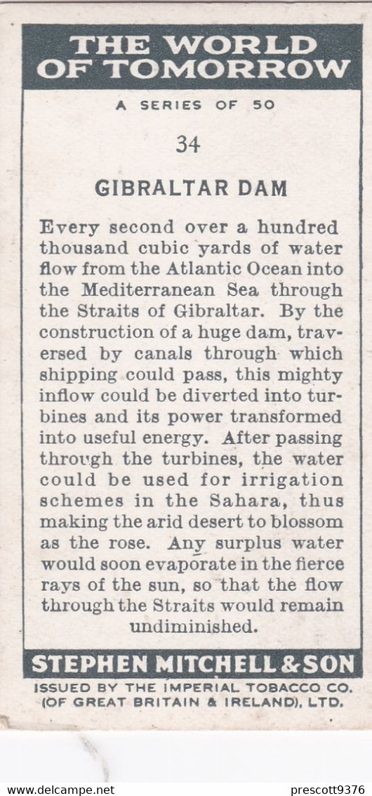 The Gibraltar Dam -  1936 - Mitchell  Cigarette Card - Original - - Phillips / BDV