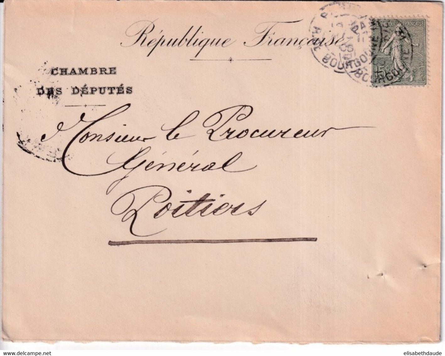 1906 - SEMEUSE - ENVELOPPE De La CHAMBRE DES DEPUTES =>  POITIERS (VIENNE) - 1903-60 Semeuse Lignée