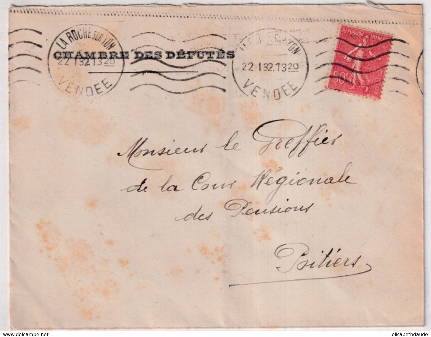 1906 - SEMEUSE / VENDEE - ENVELOPPE De La CHAMBRE DES DEPUTES EXPEDIEE De LA ROCHE SUR YON - 1903-60 Semeuse A Righe