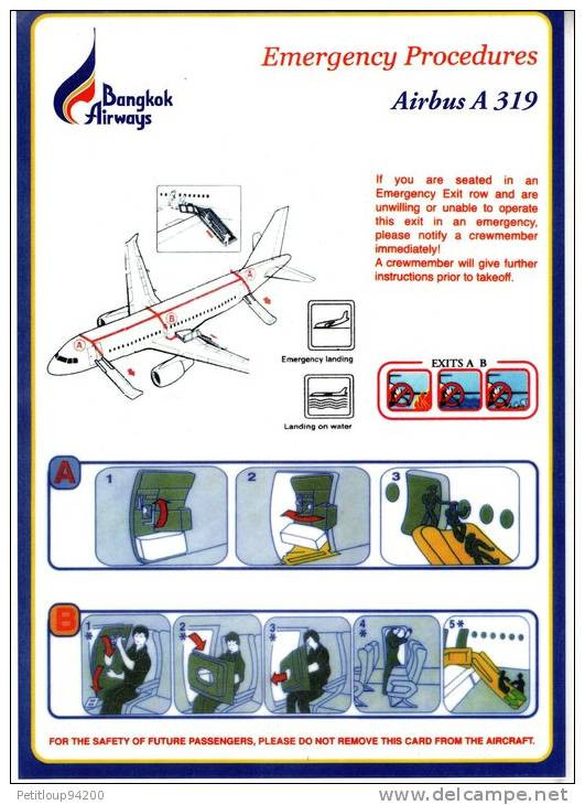 CONSIGNES DE SECURITE / SAFETY CARD  *BANGKOK AIRWAYS  Airbus A 319 - Fichas De Seguridad