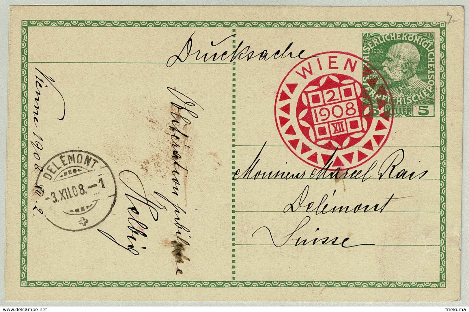 Oesterreich / Austria 1908, Ganzsachen-Karte Wien - Delémont (Schweiz) - Postcards