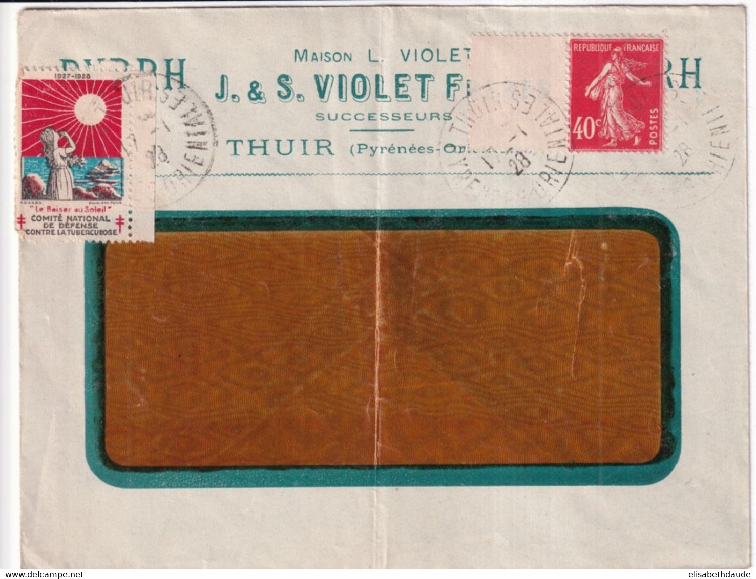 1928 - SEMEUSE INTERPANNEAU ! - ENVELOPPE Avec VIGNETTE ANTITUBERCULOSE ! De THUIR (PYRENEES ORIENTALES) - 1906-38 Säerin, Untergrund Glatt