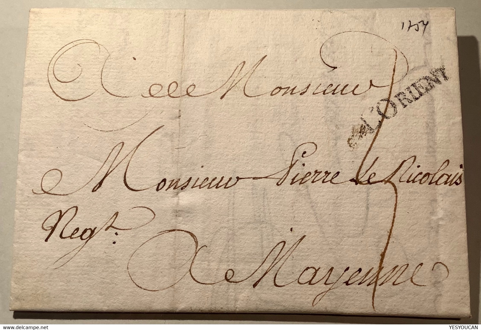 1754 LORIENT Lenain 3 Ind 12 Lettre>Mayenne(France 54 Morbihan Marque Postale - 1701-1800: Précurseurs XVIII