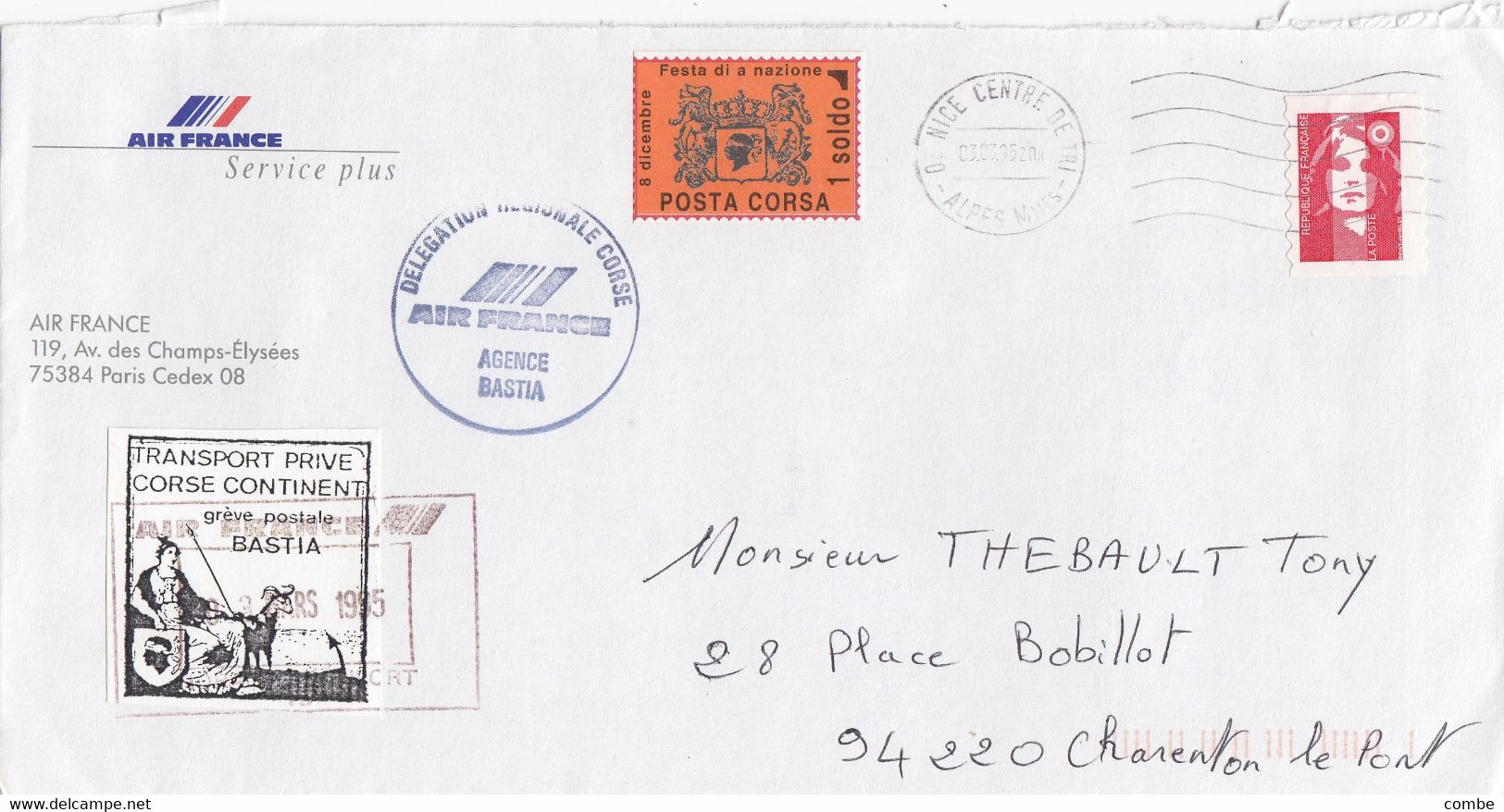 LETTRE. GREVE POSTALE BASTIA. 3 3 1995. TIMBRE N° 18 (SANS FORTIN). AIR FRANCE. TIMBRE FRANCE A NICE - Documents