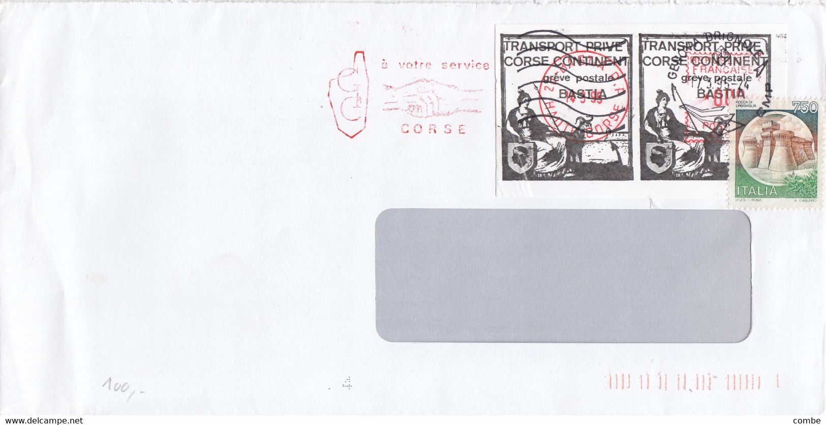 LETTRE. GREVE POSTALE BASTIA. 14 3 1995. PAIRE TIMBRES N° 18 (AVEC  FORTIN).  TIMBRE ITALIEN A GENOVA - Documents