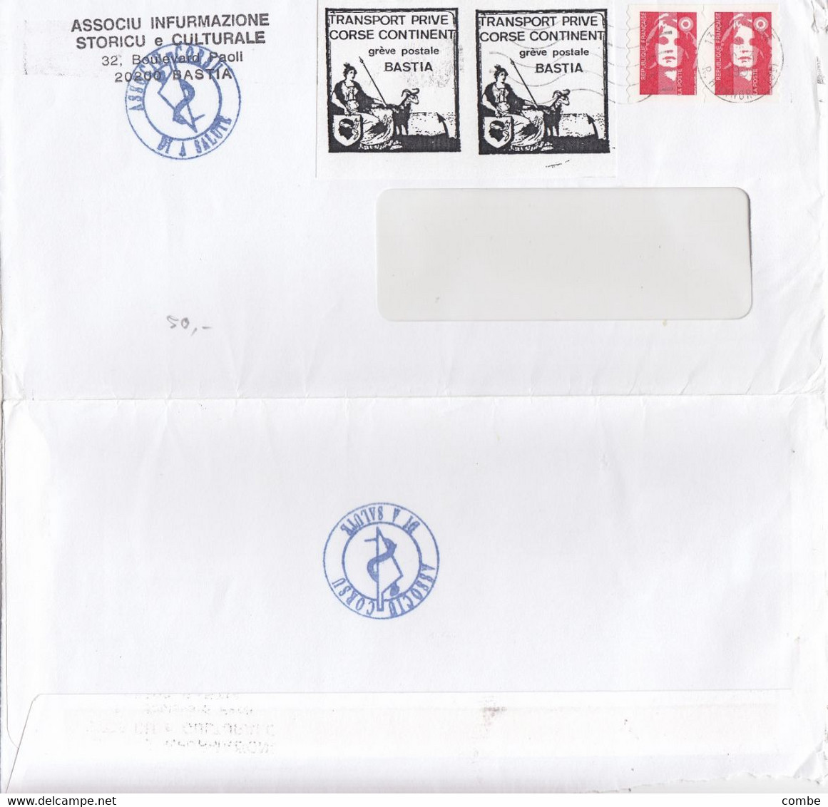 LETTRE. GREVE POSTALE BASTIA. 10 3 1995. PAIRE TIMBRES N° 18 (SANS  FORTIN).  TIMBRE DE FRANCE A  PARIS - Documenti