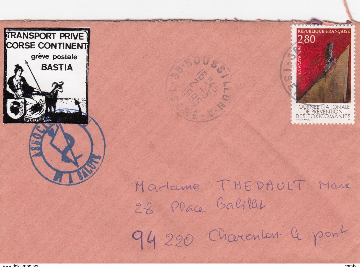 LETTRE. GREVE POSTALE BASTIA. 2 3 1995. TIMBRE N° 18 (SANS  FORTIN).  TIMBRE DE FRANCE A ROUSSILLON - Documentos