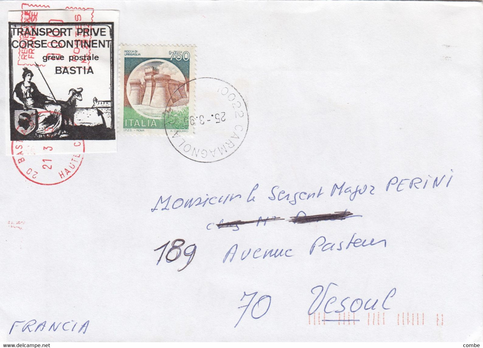 LETTRE. GREVE POSTALE BASTIA. 21 3 1995. TIMBRE N° 18 (AVEC  FORTIN).  TIMBRE D'ITALIE A CARMAGNOLA - Documenti