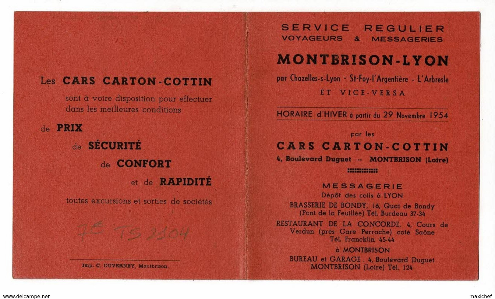 Horaire D'hiver à Partir Du 29 11 1954, Service Montbrison-Lyon Par Les Cars Carton-Cottin - Europa