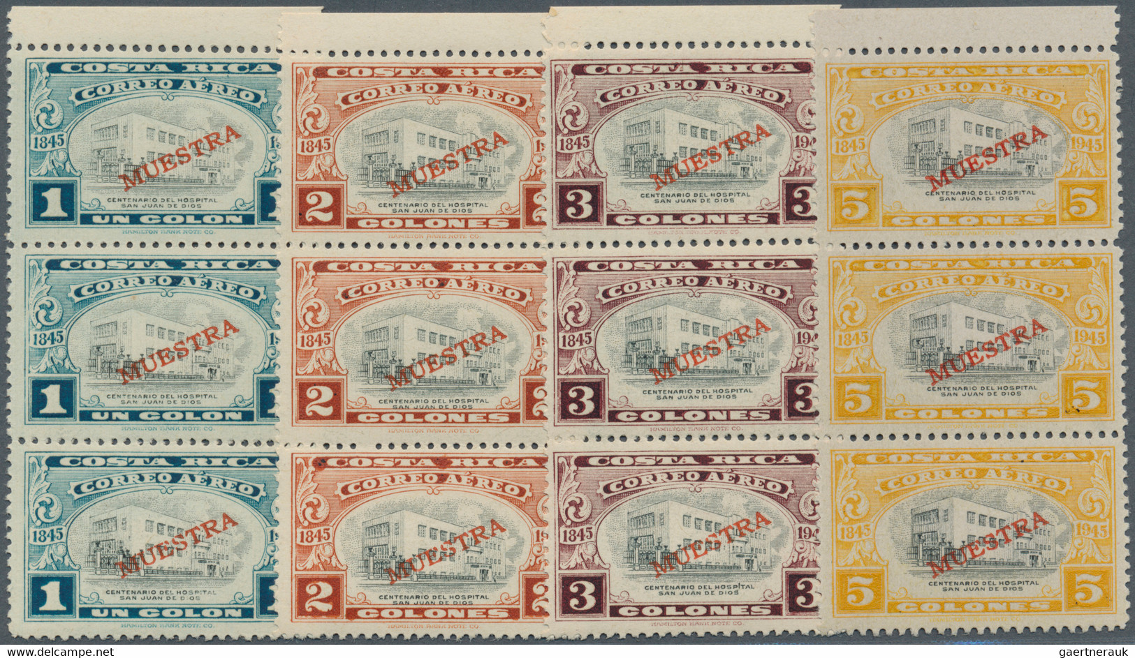 Costa Rica: 1946, Hospital San Juan De Dios With Red Opt. MUESTRA Complete Set Of 13 In Vertical Str - Costa Rica