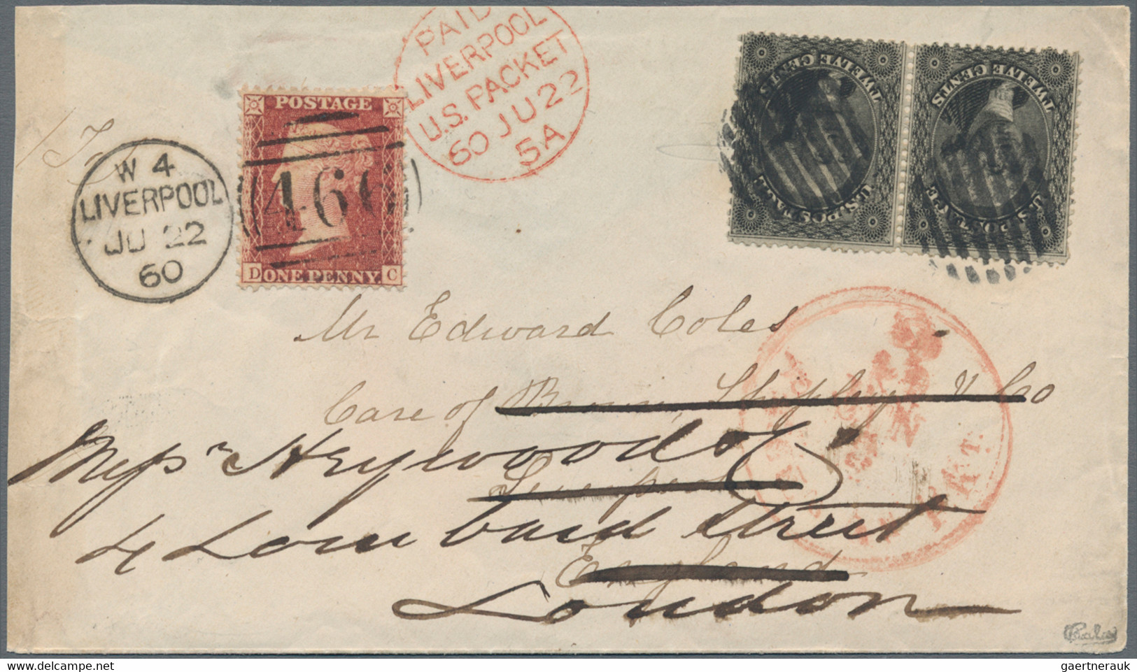 Großbritannien: 1857, 1 P Red And USA 12 C. Black, Plate I, Horizontal Pair, Tied By Open Circular G - Covers & Documents