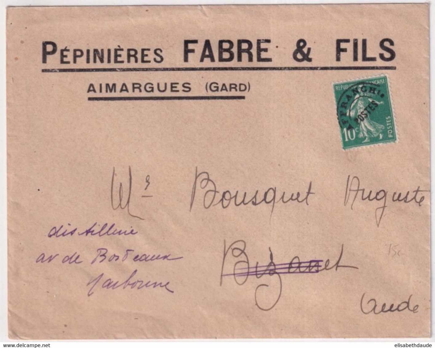 1929 - SEMEUSE PREOBLITERE ! - ENVELOPPE ILLUSTREE PUB "PEPINIERES FABRE" De AIMARGUES (GARD) => BIZANET (AUDE) - 1906-38 Sower - Cameo