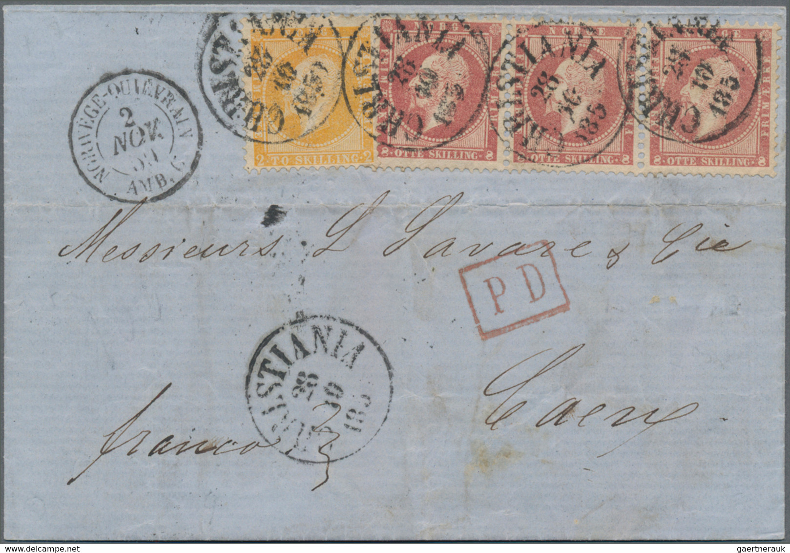 Norwegen: 1859, 2 Sk And A Strip Of Three 8 Sk, "Oskar I.", Each With Cds "CHRISTIANA, 28 10 1859", - Covers & Documents