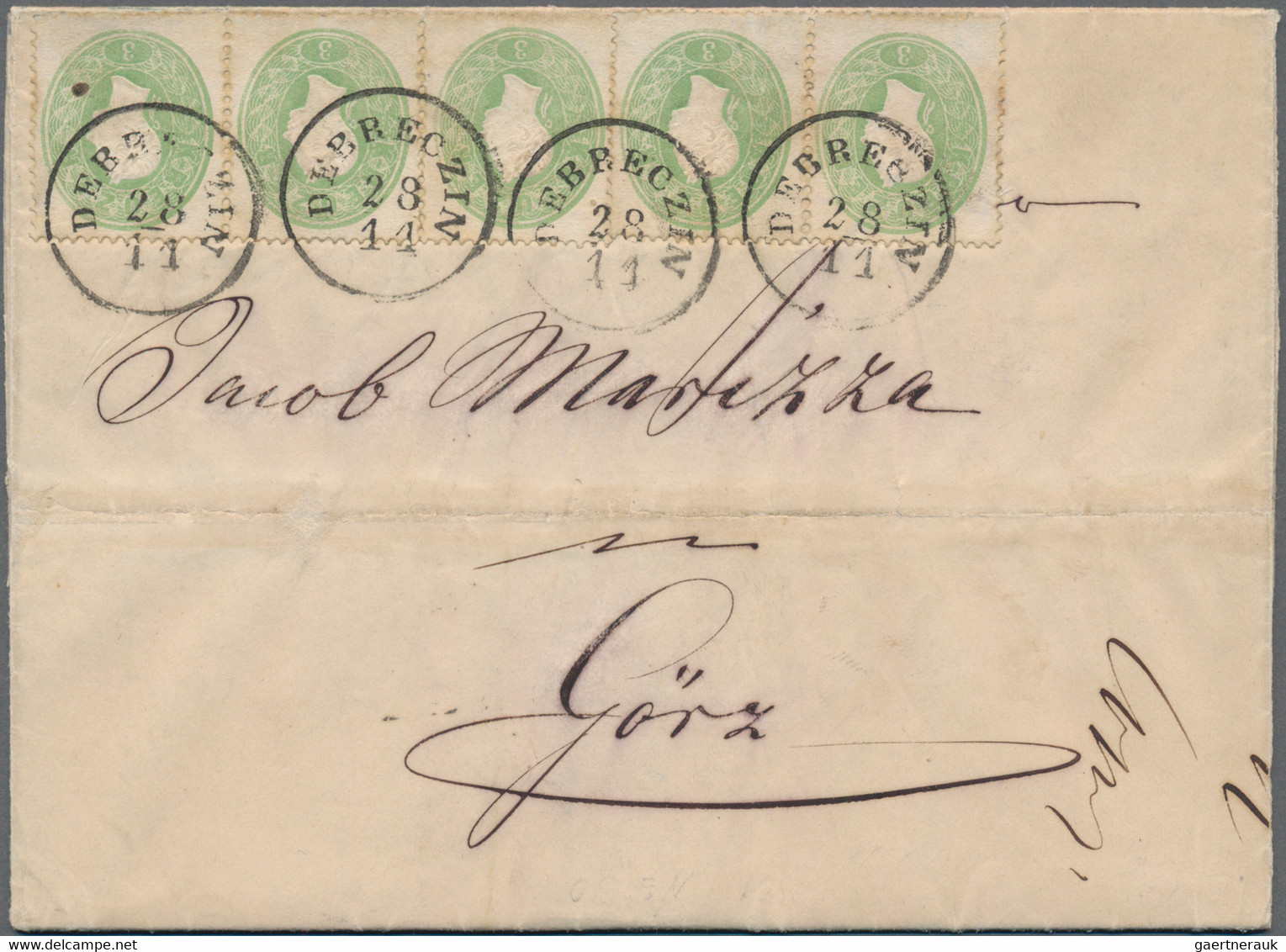 Österreich: 1861, Kompletter Fernbrief Aus DEBRECZIN Nach Görz, Frankiert Mit 5x3 Kr 1861 Ausgabe, ( - Covers & Documents