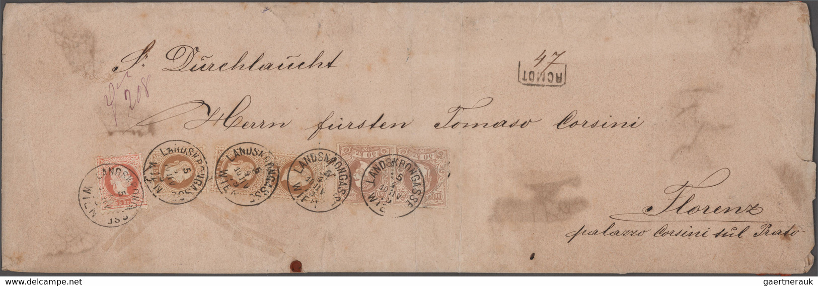 Österreich: 1879, 5 Kr Rot, 3 X 15 Kr Gelbbraun Und Waagerechtes Paar 50 Kr Braun, Jeweils Feiner Dr - Covers & Documents