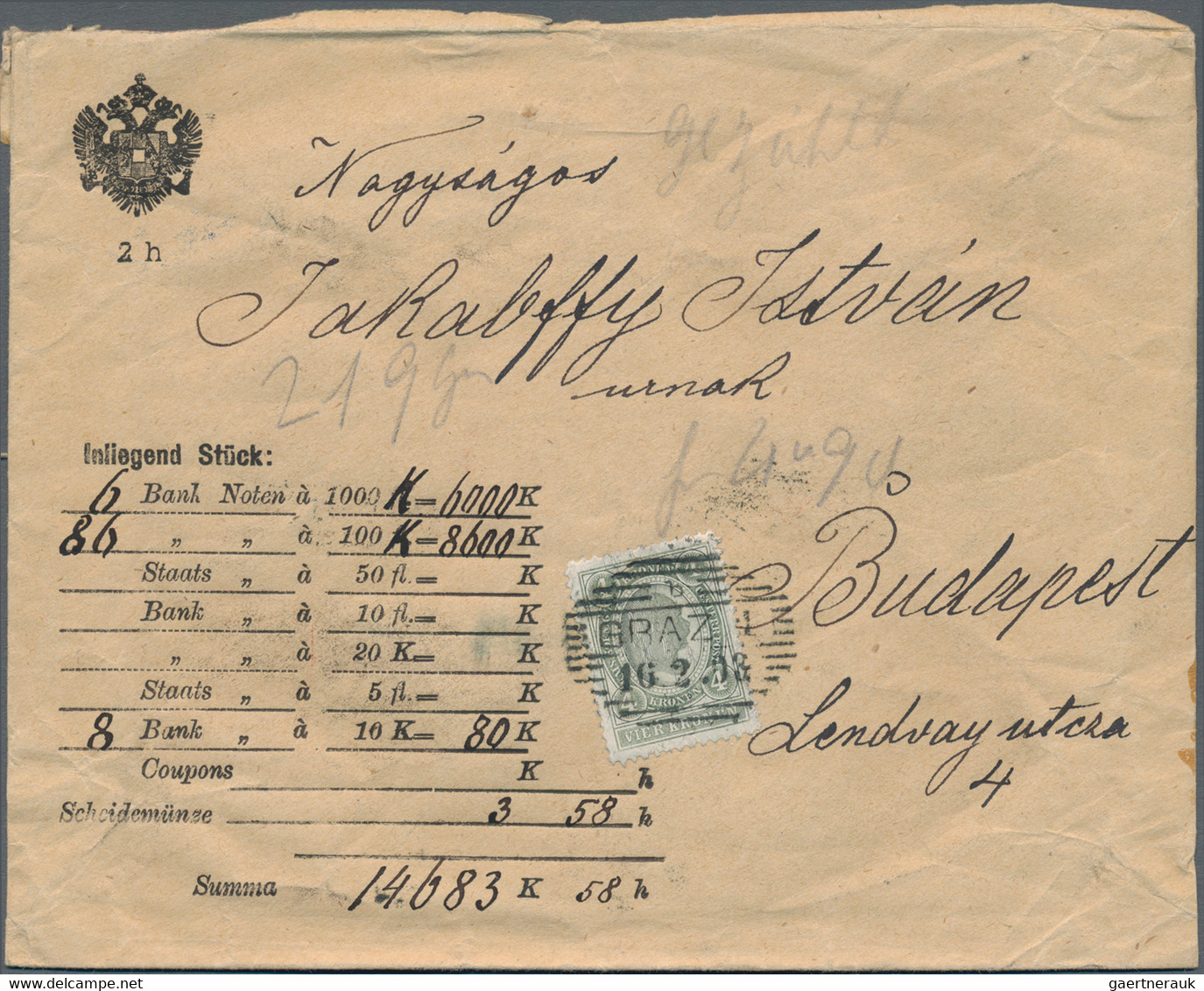 Österreich: 1908, 4 Kr Graugrün, 30 H Lila/schwarz U. 60 H Orangebraun/schwarz, MiF Auf Wertbrief üb - Cartas & Documentos