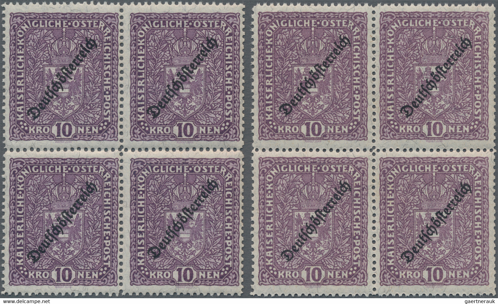 Österreich: 1919, 10 Kr Freimarken Deutschösterreich, Zwei Viererblock Der Variante IA In Unterschie - Unused Stamps