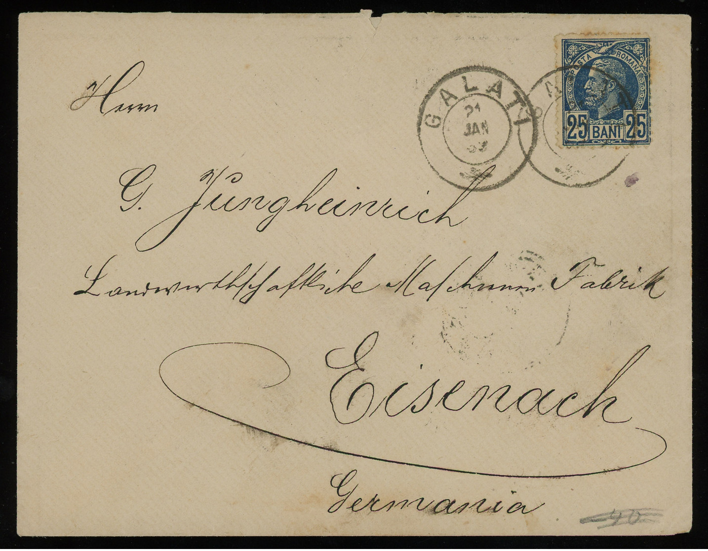 TREASURE HUNT [01986] Romania 1889 Cover From Galați To Eisenach, Germany With King Carol I 25b Blue, Seal On The Back - Cartas & Documentos