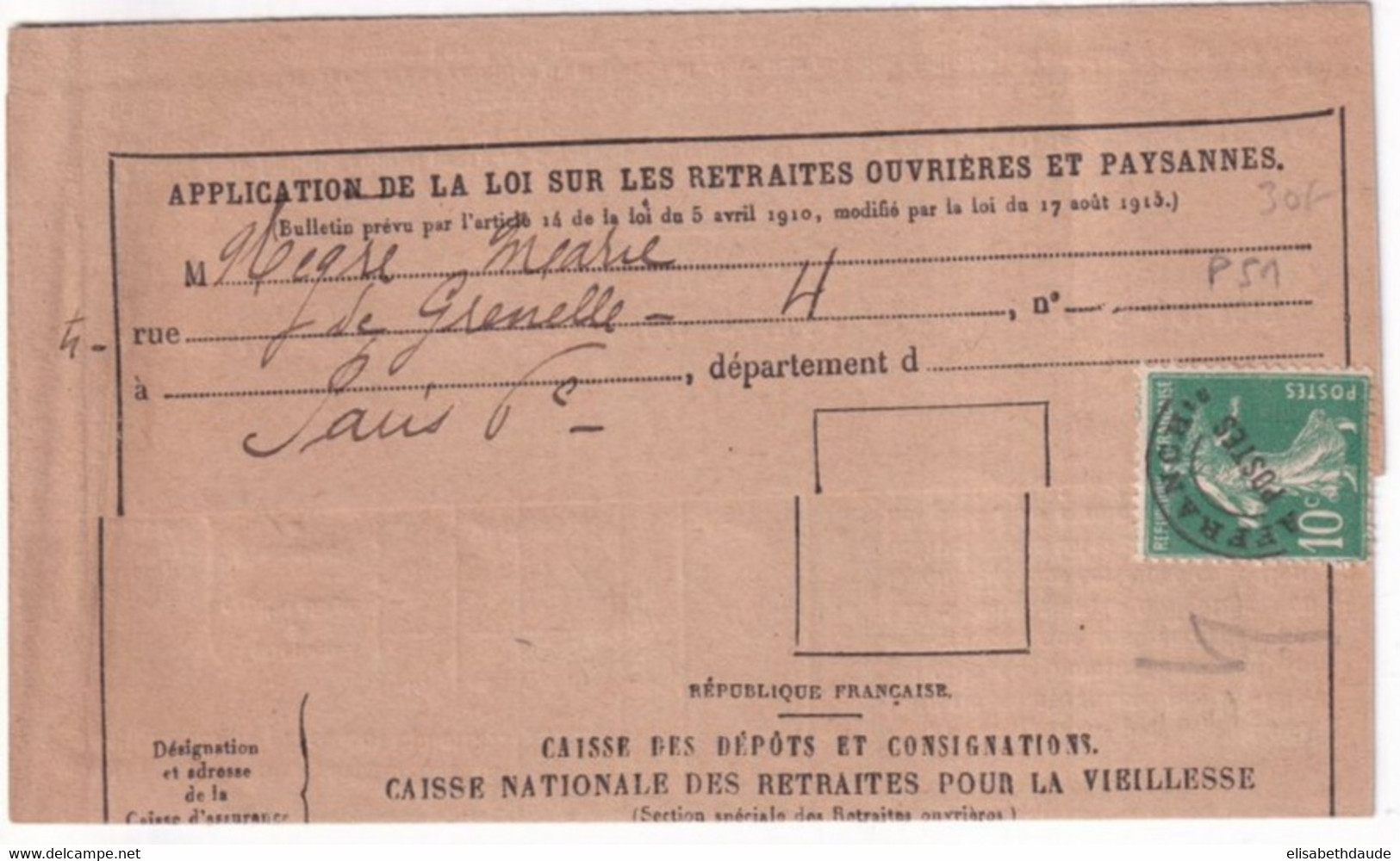 SEMEUSE PREOBLITERE ! - IMPRIME "CAISSE RETRAITE" De ANGERS (MAINE ET LOIRE) => PARIS - 1906-38 Semeuse Camée