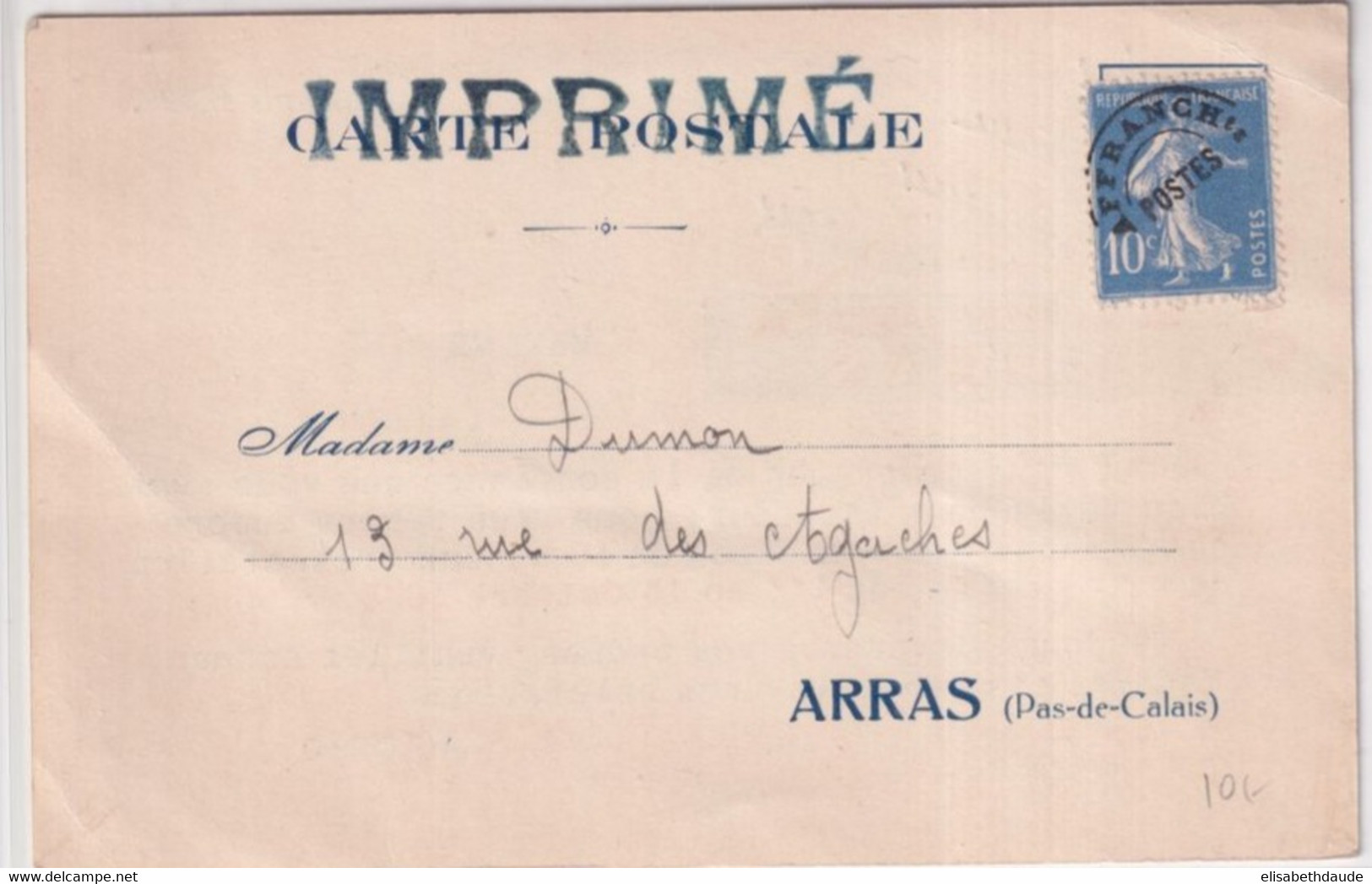 1935 - SEMEUSE PREOBLITERE ! - CP IMPRIME "MAGASIN AU CHIC" De ARRAS (PAS DE CALAIS) - 1906-38 Semeuse Camée