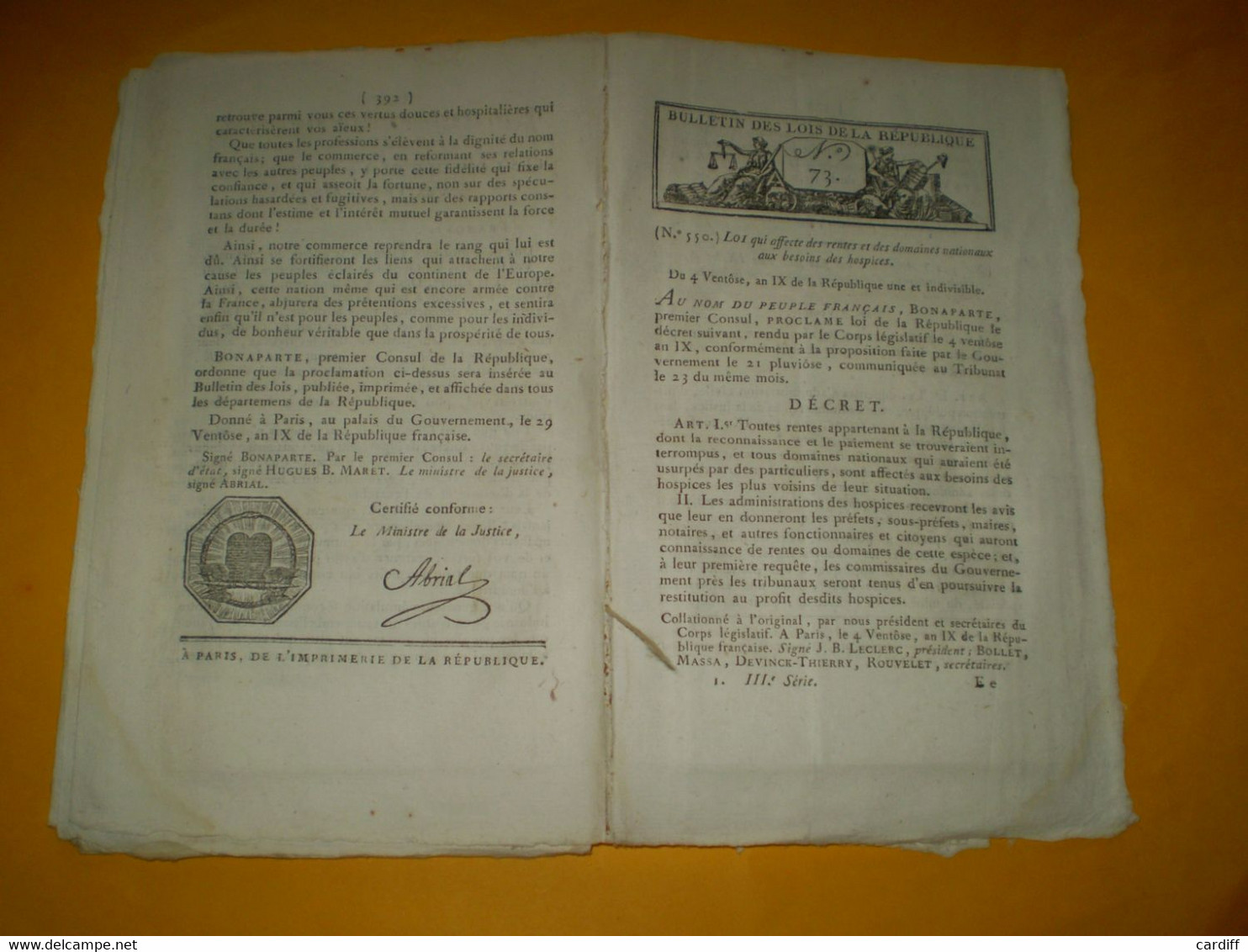 An IX:Haut Fourneau Lucelle. Expo Industrie Française à Paris.Foire Andelys Conques Chatellerault.Proclamation Paix Cont - Décrets & Lois