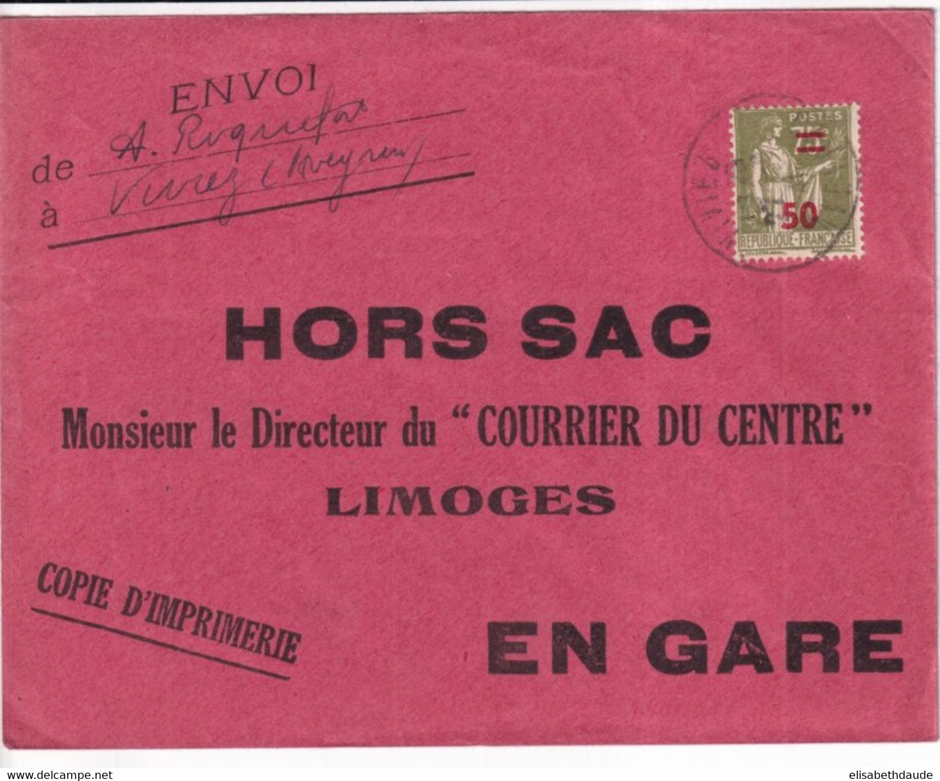 PAIX SURCHARGE ! - 1941 - SEUL SUR LETTRE HORS SAC ! De VIVIEZ (AVEYRON) => LIMOGES - 1932-39 Paix