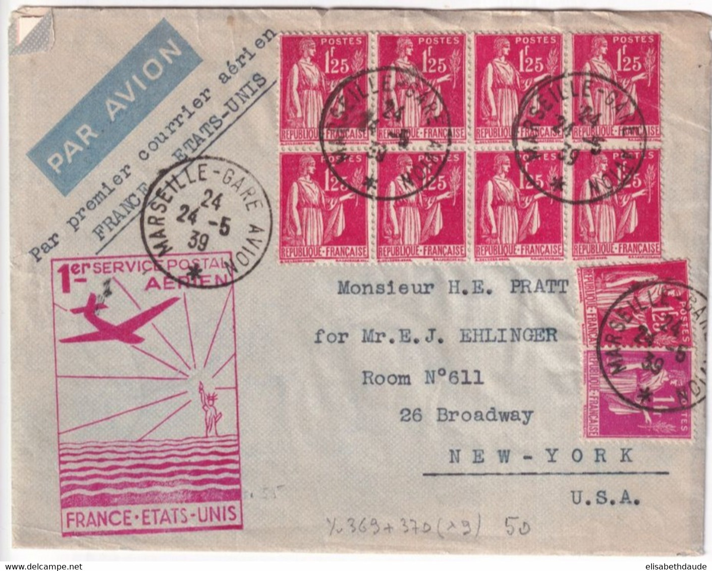 PAIX - 1939 - SUPERBE AFFRANCHISSEMENT Sur ENVELOPPE 1° COURRIER AERIEN De MARSEILLE => NEW-YORK (USA) - 1932-39 Frieden