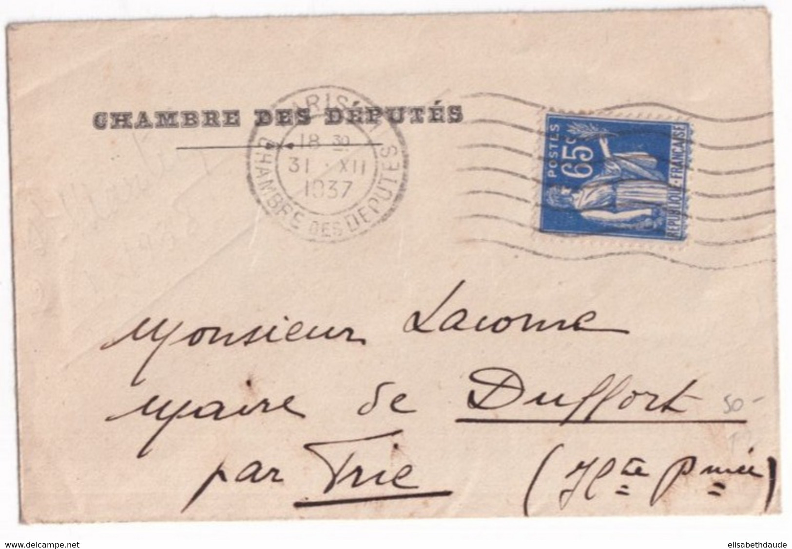 PAIX - 1937 - ENVELOPPE PETIT FORMAT De La CHAMBRE Des DEPUTES Avec MECA ! => TRIE (HAUTES PYRENEES) - 1932-39 Vrede