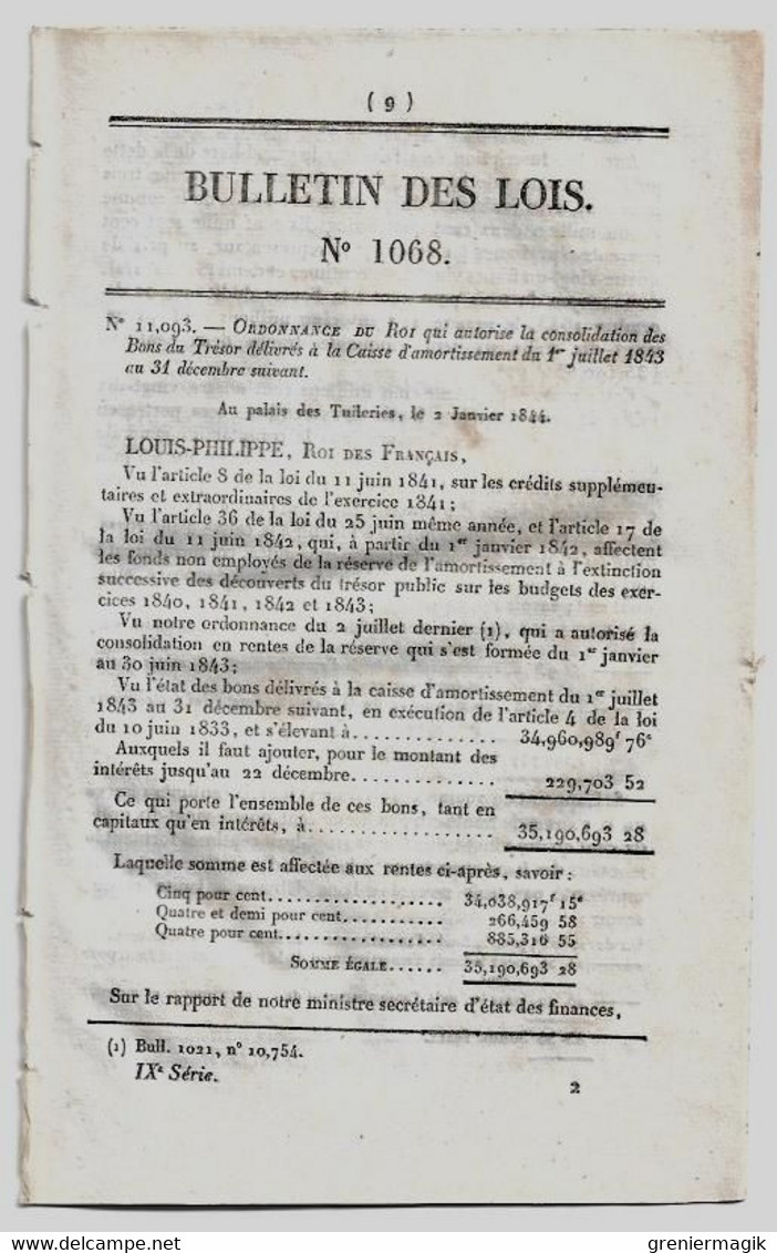 Bulletin Des Lois 1068 1844 Inondations Du Rhône/Route Buzançais/Saint-Andéol/Louvie-Juzon/Digue à Roanne/Le Mans - Decrees & Laws